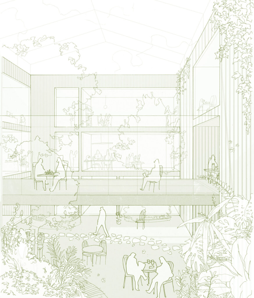 Sketch of a green courtyard, for Schenker Salvi Weber Architekten