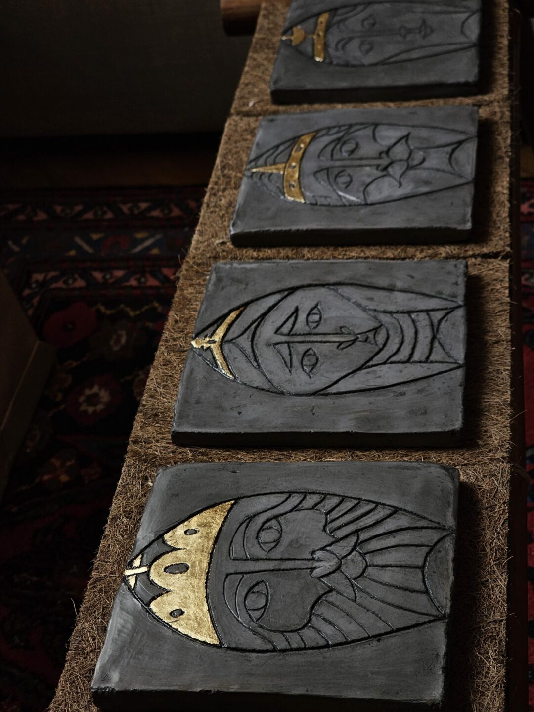 Vis-à-Vis Tiles - Handmade ceramic tiles, burnished and gilded, 15x15x1cm (2026)