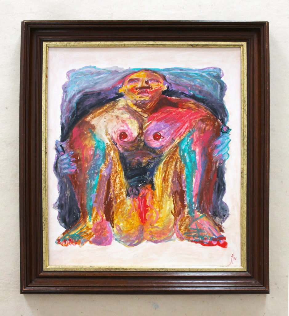 Gaia - Oil pastel, charcoal, water colour on cardstock, framed (53×60 cm). 42.5×50 cm (2026)
