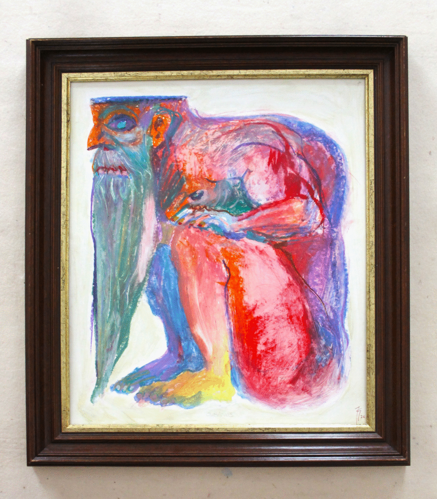 Ouranos - Oil pastel, charcoal, water colour on cardstock, framed (53×60 cm). 42.5×50 cm (2026)