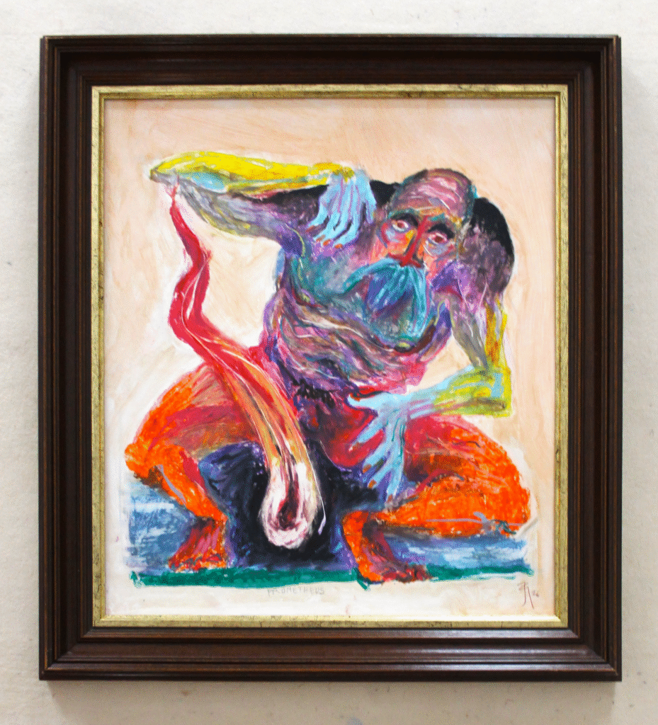 Prometheus - Oil pastel, charcoal, water colour on cardstock, framed (53×60 cm). 42.5×50 cm (2026)