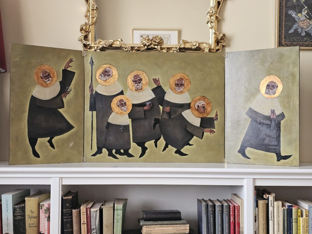 The Pilgrimage of Lost Saints - Triptych. Oil on backed wood panel. 106×42 cm (2026)